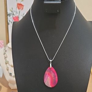 Vibrant Pink Teardrop Pendant Necklace On 18" Sterling Plated Silver Chain